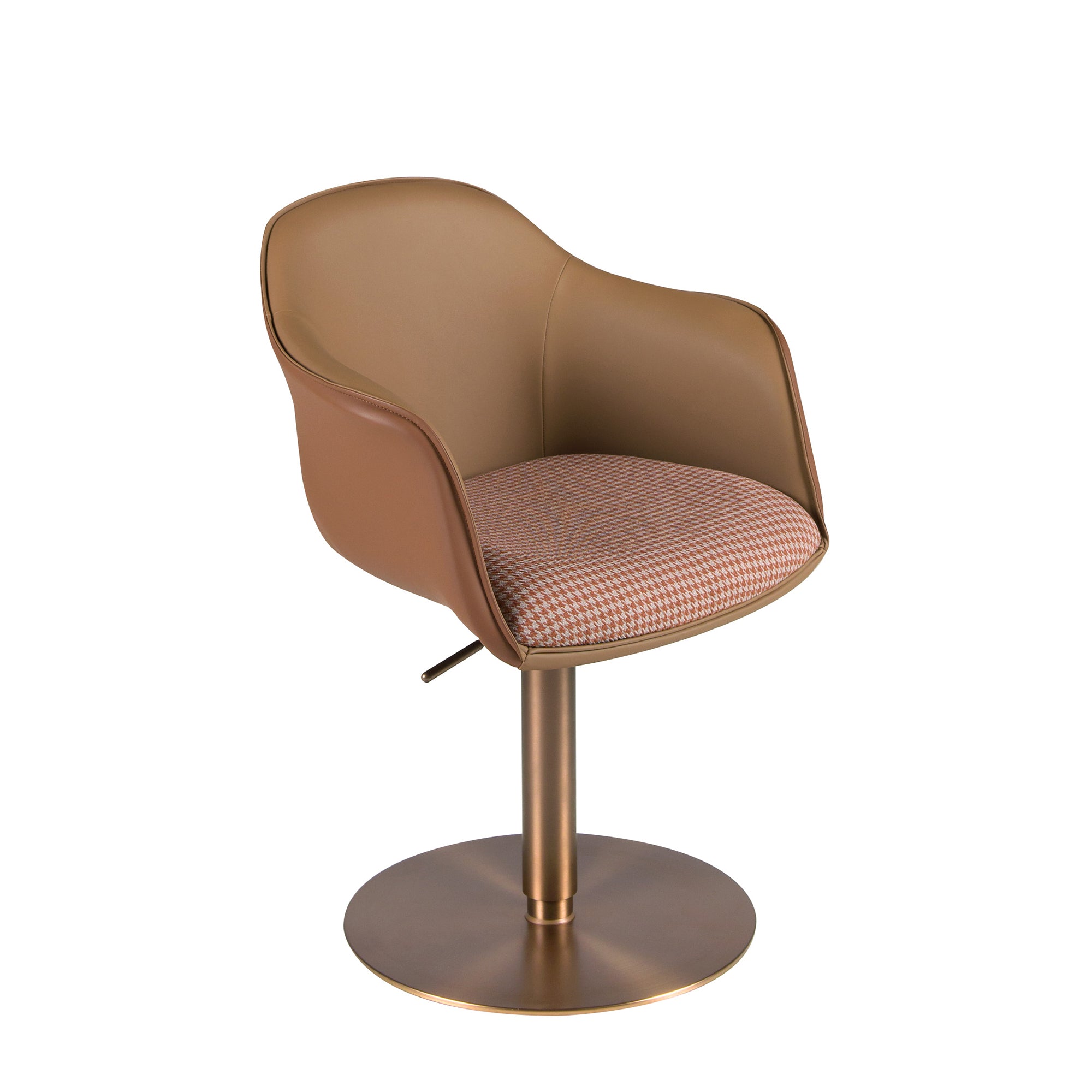 Swivel chair terracotta brown and beige fabric and brown leatherette