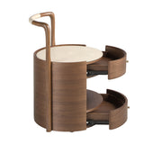 Walnut bedside table with cream-coloured leather top