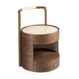 Walnut bedside table with cream-coloured leather top