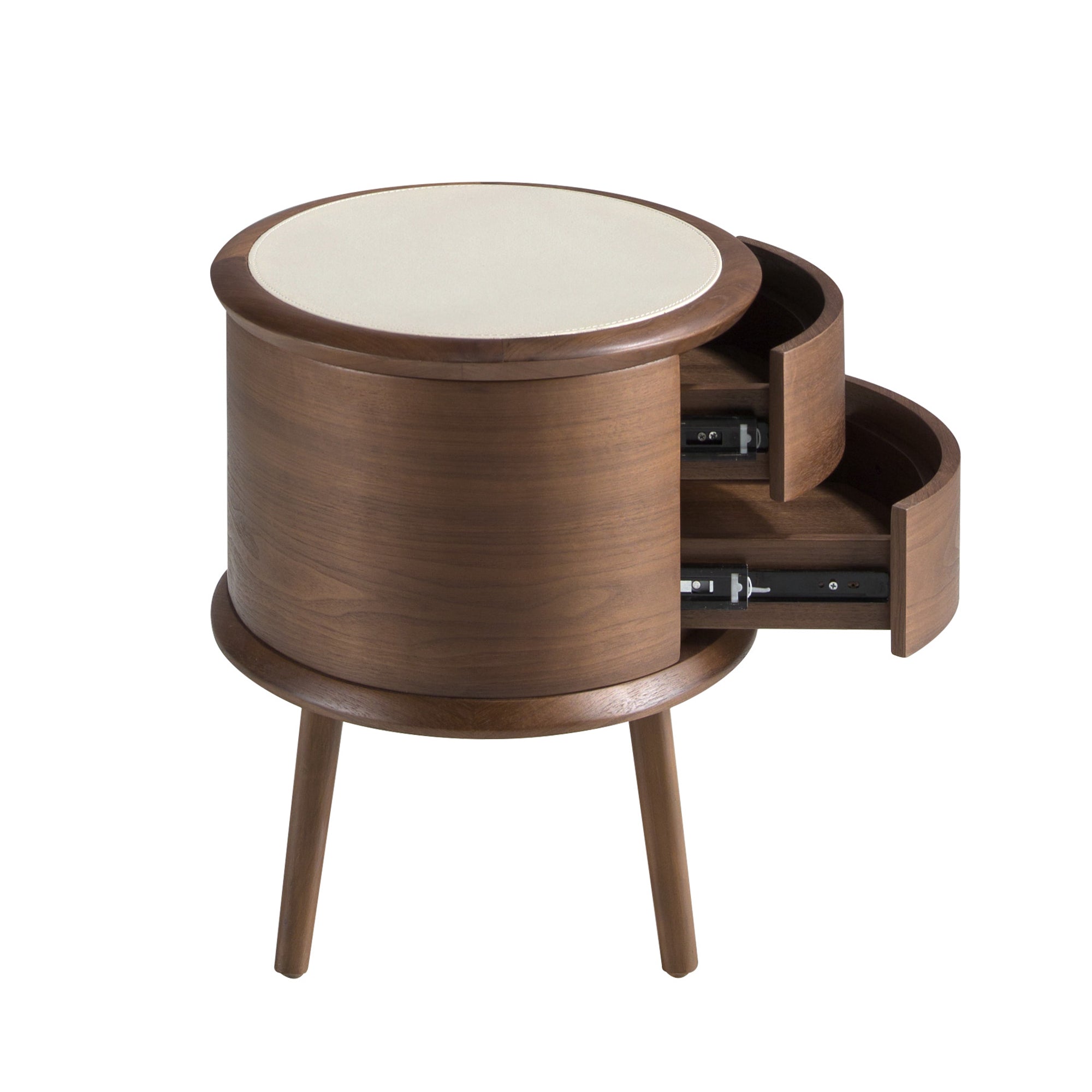 Walnut bedside table with cream-coloured leather top