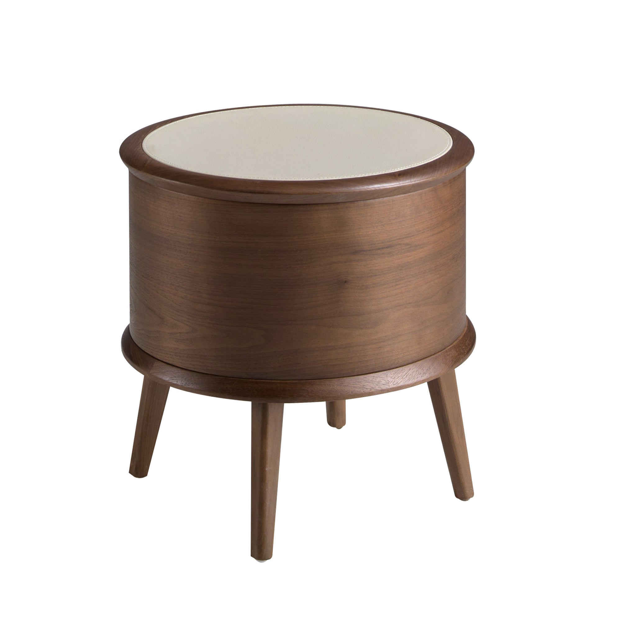 Walnut bedside table with cream-coloured leather top