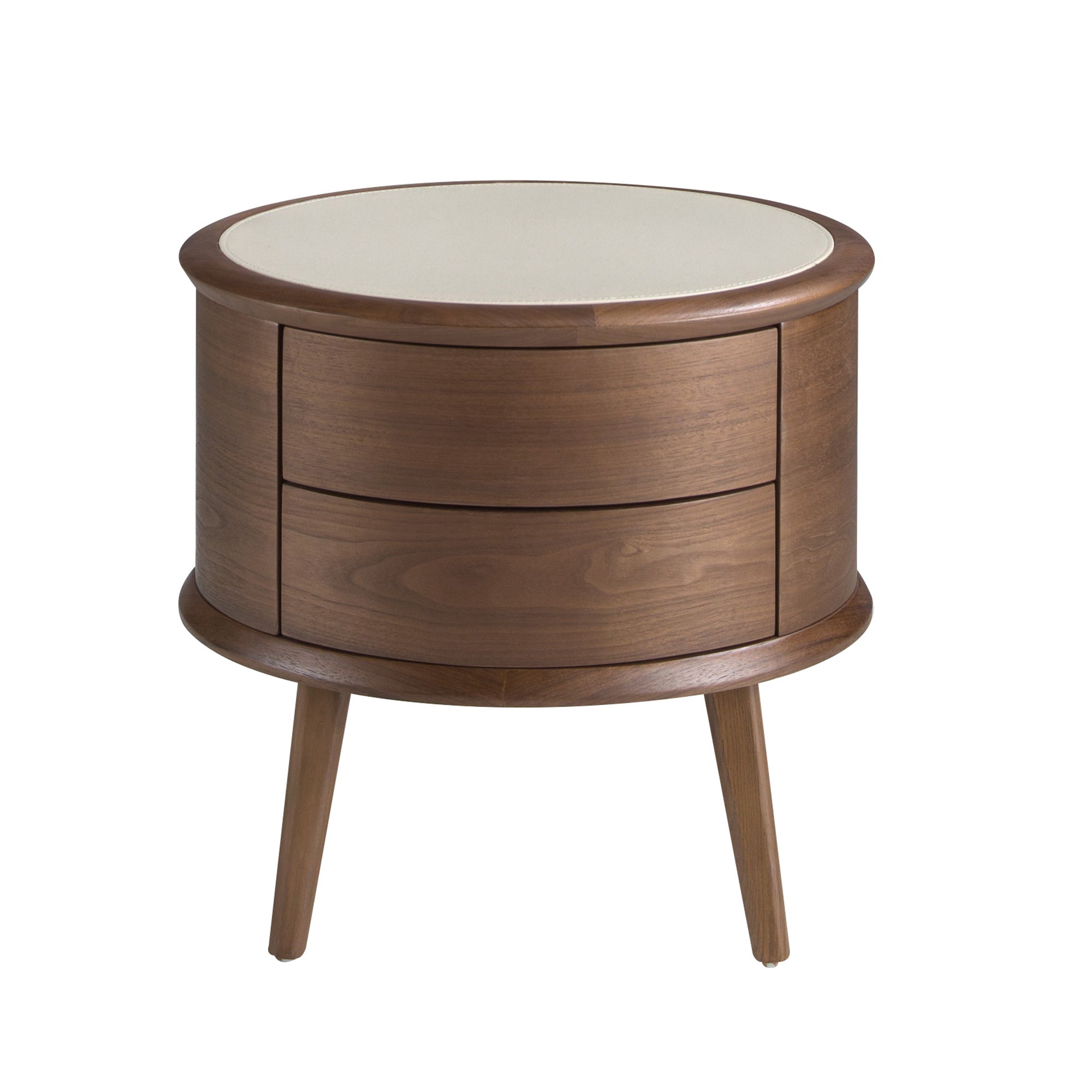 Walnut bedside table with cream-coloured leather top
