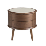 Walnut bedside table with cream-coloured leather top
