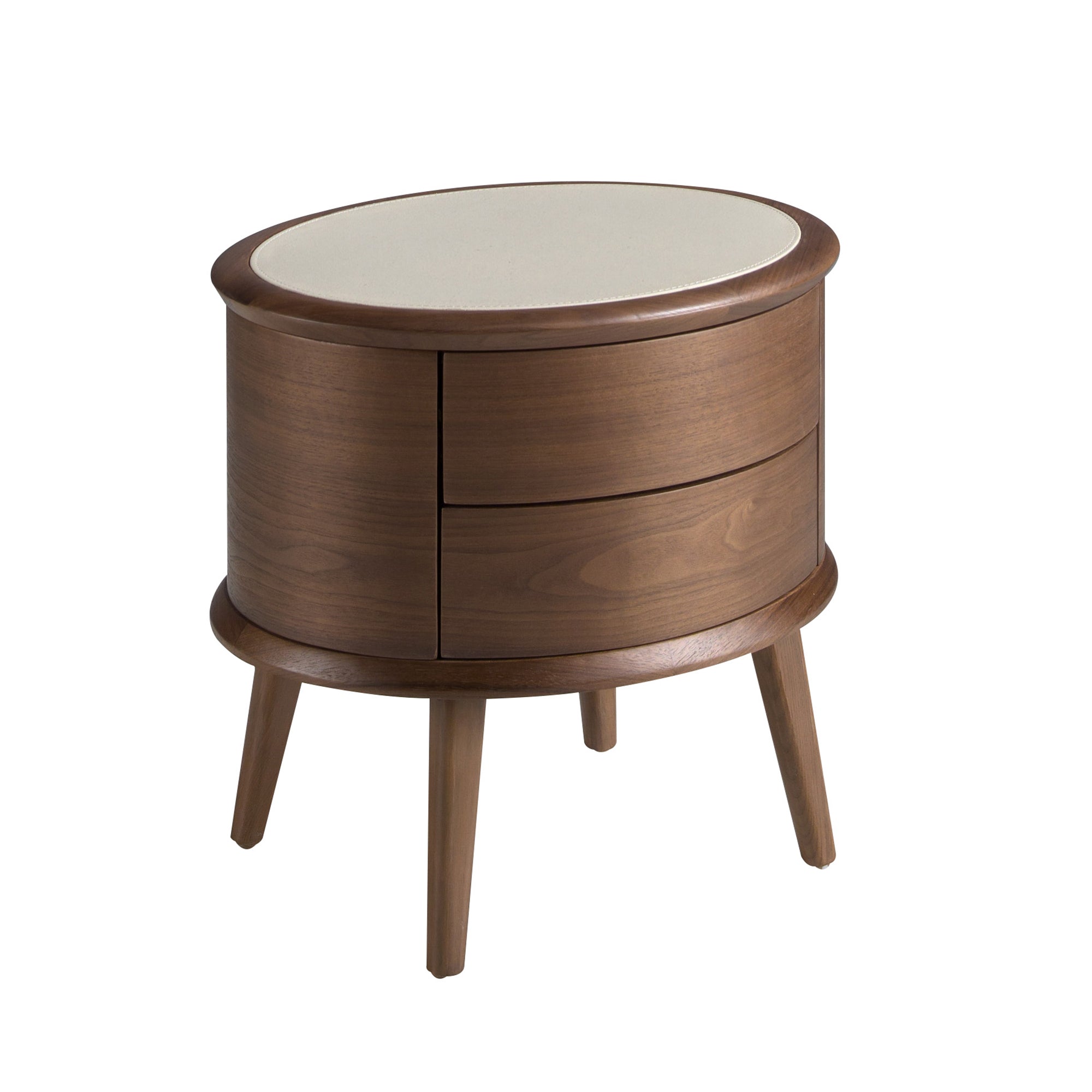 Walnut bedside table with cream-coloured leather top