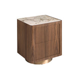 Bedside table in walnut, polished gold steel and porcelain marble top