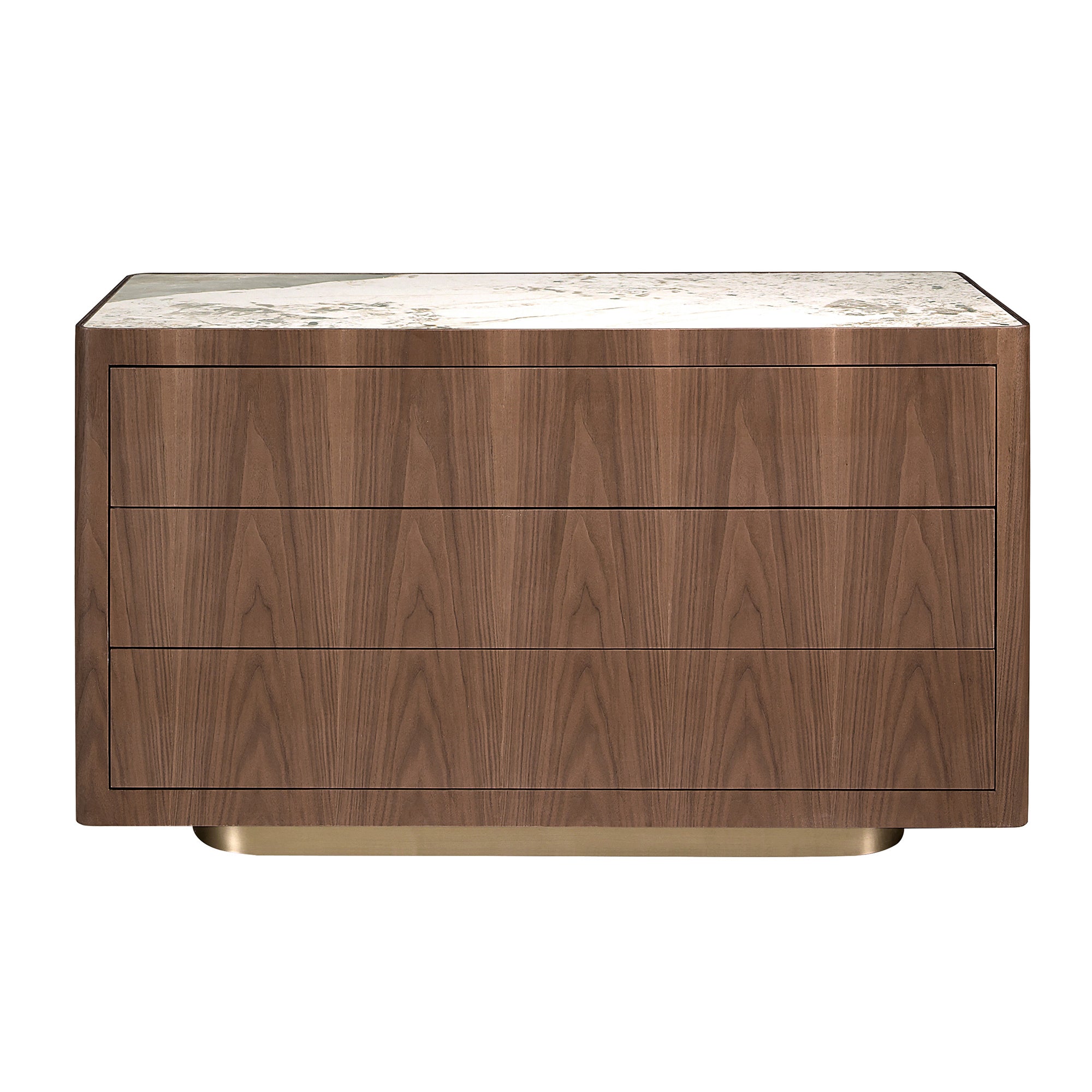 Chest of drawers in walnut, polished gold steel and porcelain marble top