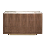 Chest of drawers in walnut, polished gold steel and porcelain marble top
