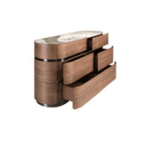 Chest of drawers in walnut, darkened steel base and porcelain marble top