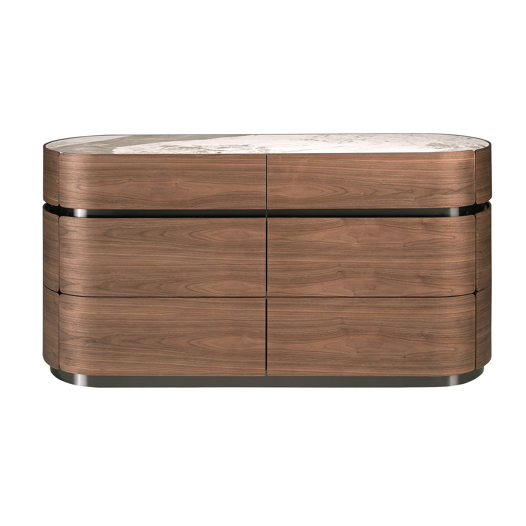 Chest of drawers in walnut, darkened steel base and porcelain marble top
