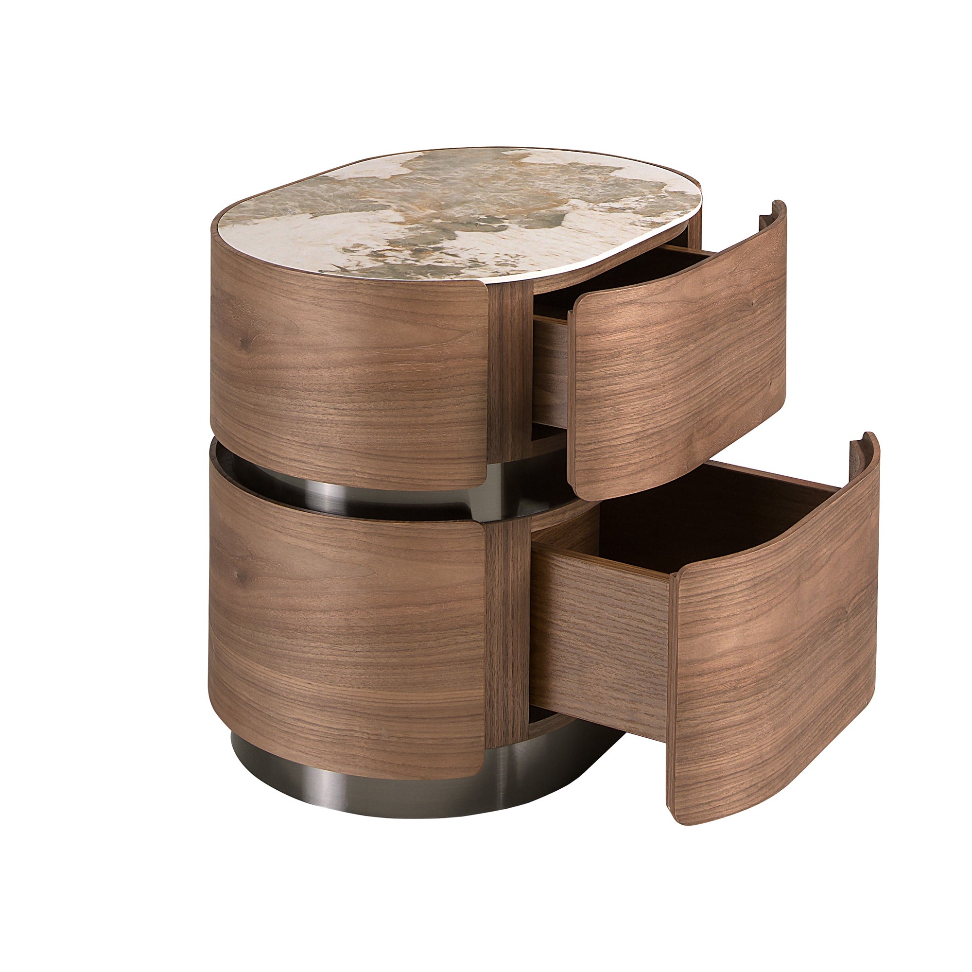 Bedside table in walnut, darkened steel base and porcelain marble top