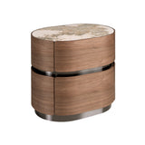 Bedside table in walnut, darkened steel base and porcelain marble top