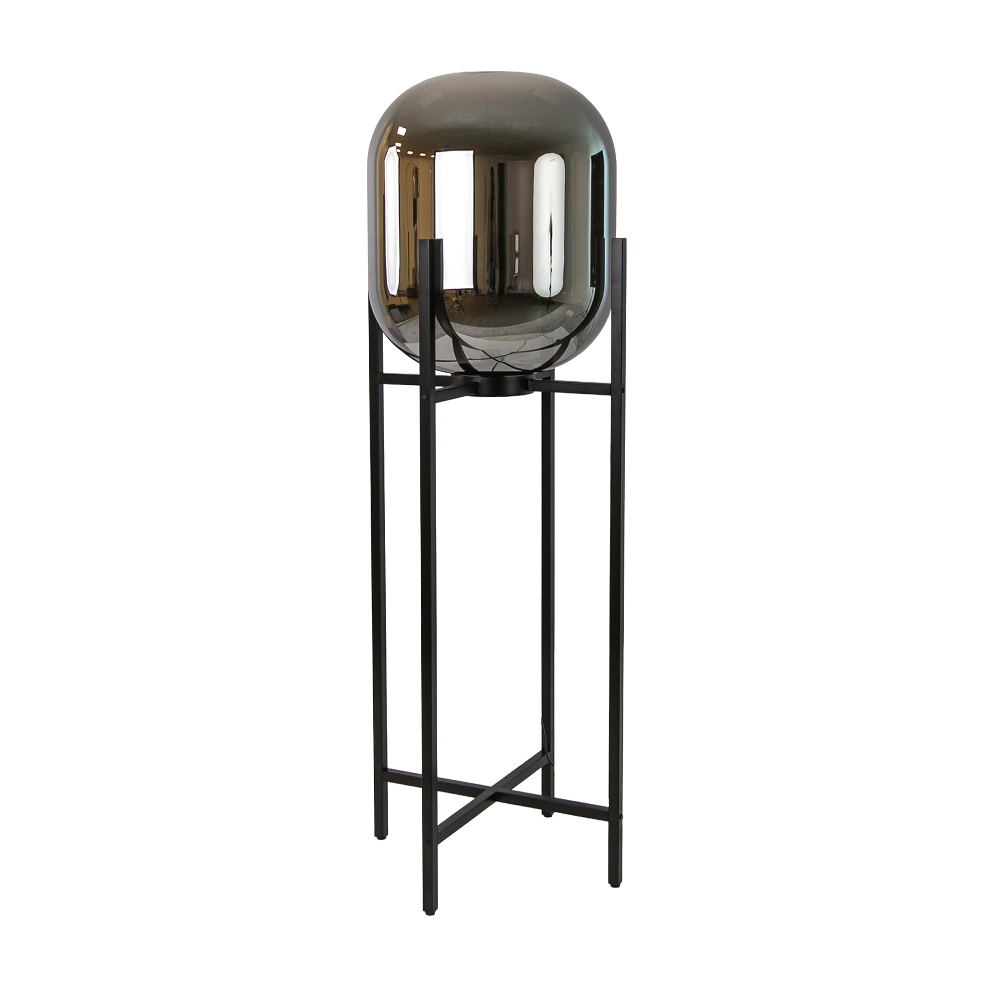 Floor lamp in grey smoked mirror-effect glass and black steel