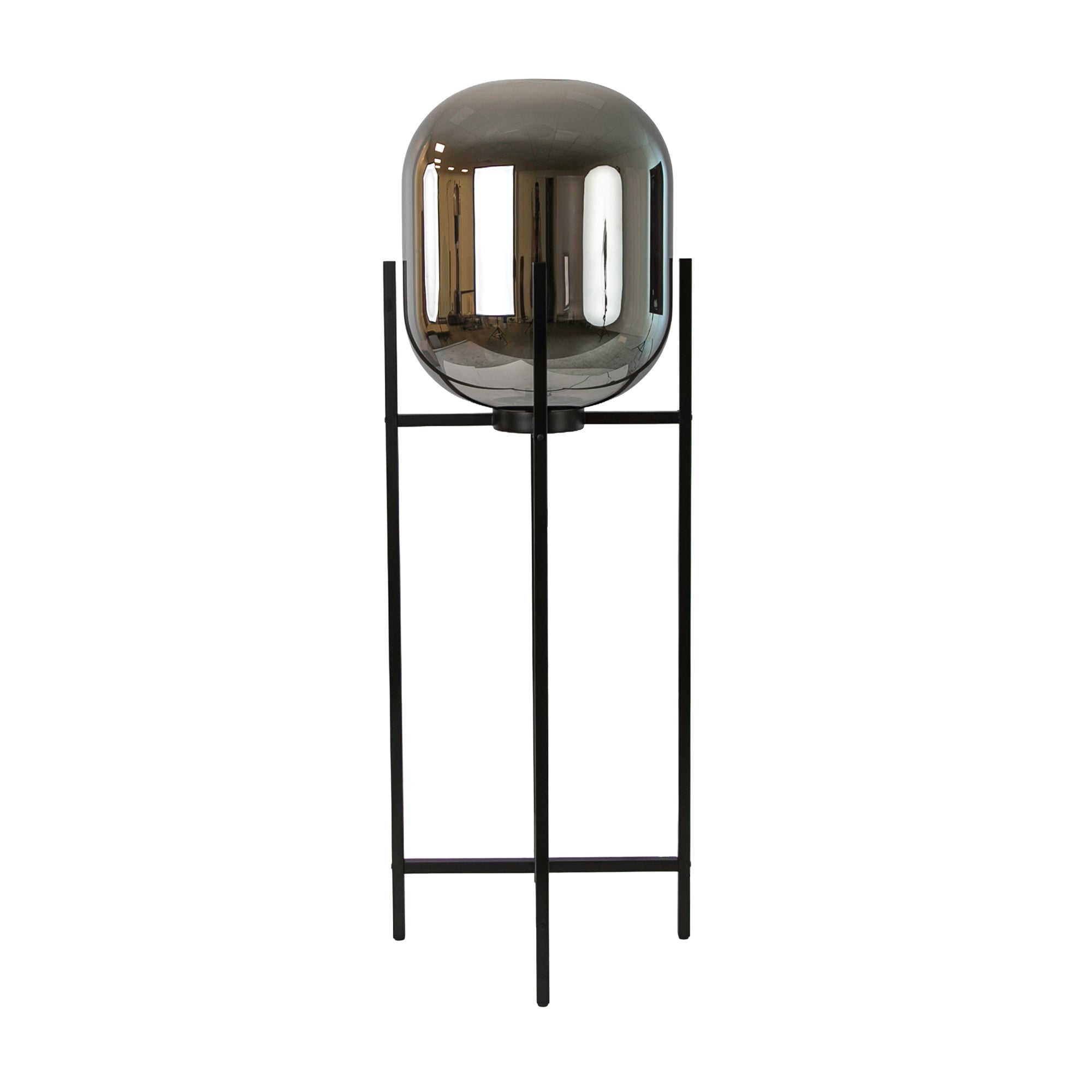 Floor lamp in grey smoked mirror-effect glass and black steel