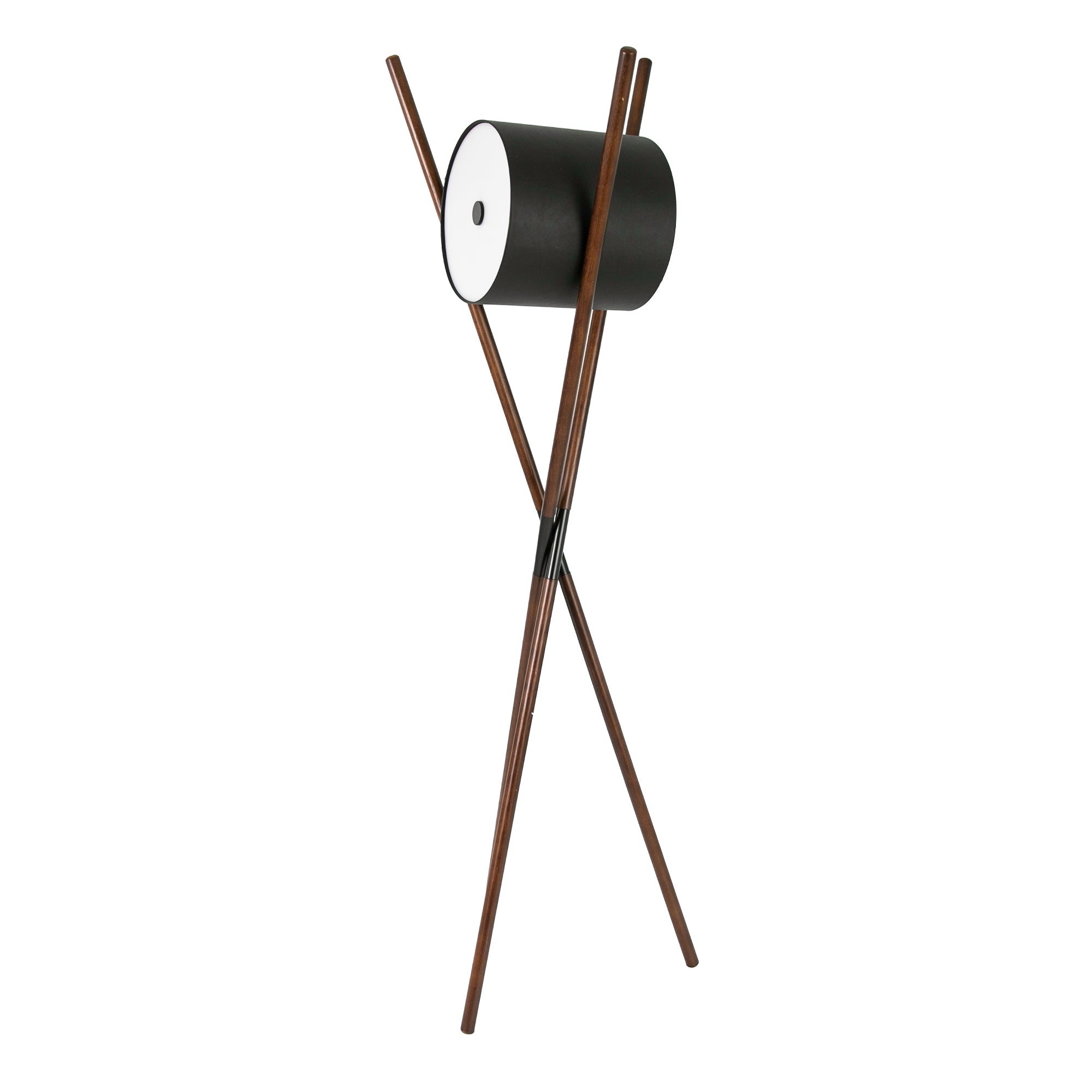 Floor lamp in wood upholstered in black leatherette and dark walnut