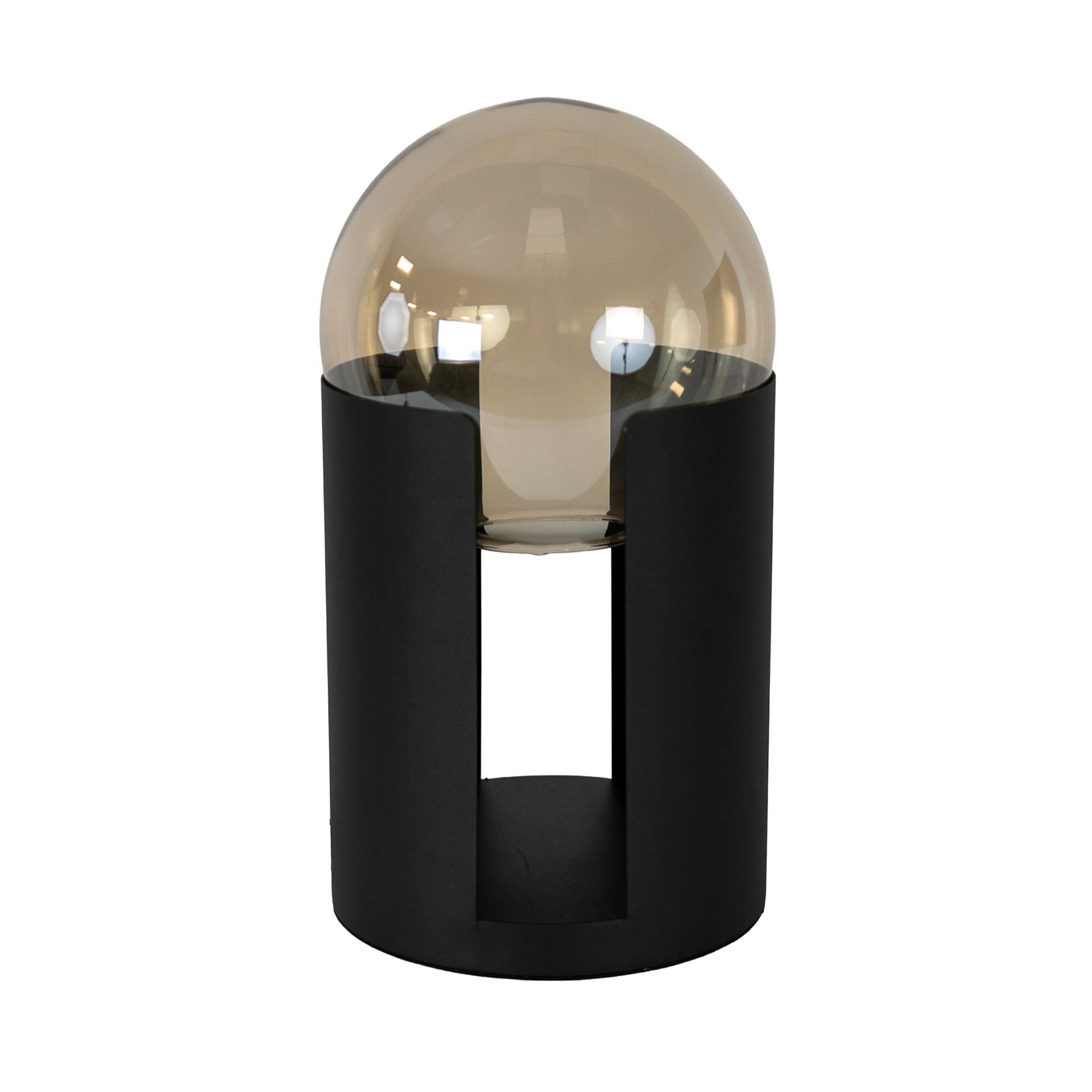 Smoked amber glass and black steel table lamp