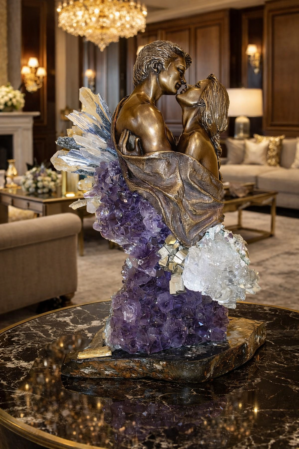 The kiss - Human sculpture with precious stones by Ebano - Main View