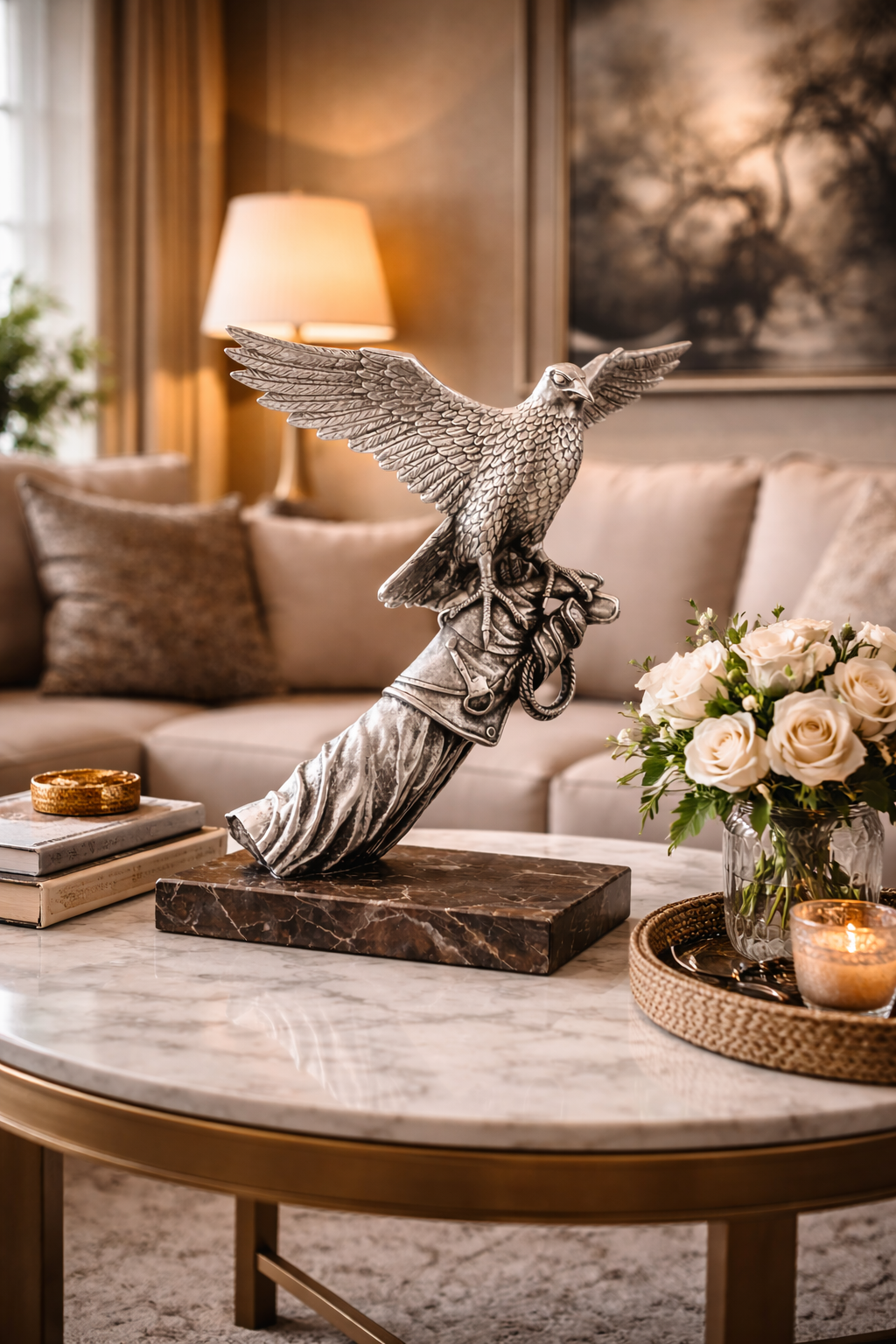 Silver Falcon Perched on Arm – Luxurious Artistic Sculpture by Anglada Esculturas - Main View
