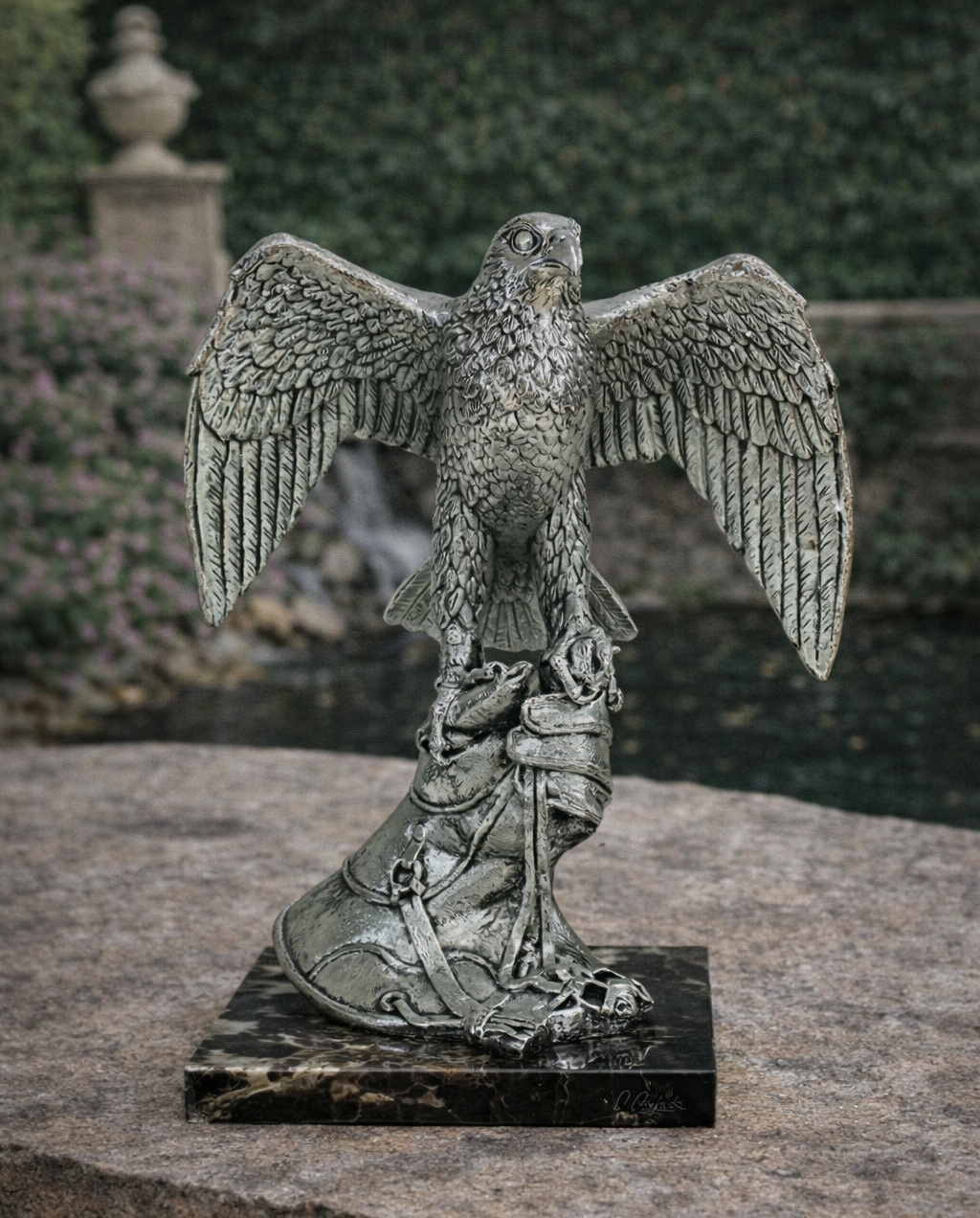 Silver Falcon with Spread Wings on Hand – Luxurious Artistic Sculpture by Anglada Esculturas - Main View