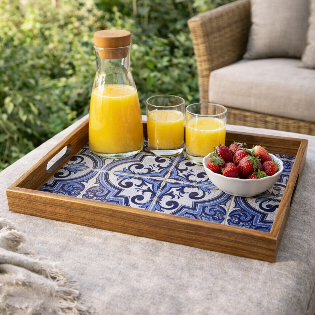 صينية خشبية بتصميم مطبوع - فسيفساء زرقاء