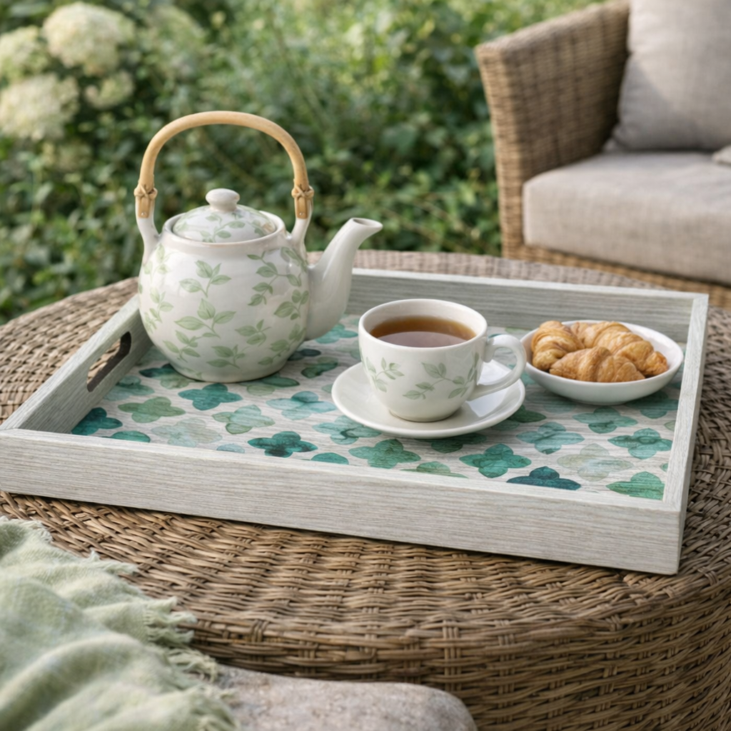 WOODEN TRAY with printed design - GREEN MOSAIC by Manopoulos - Main View