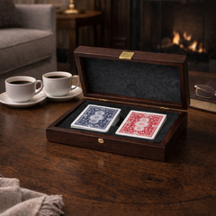 Plastic Coated Playing Cards in wooden case with California Walnut burl.