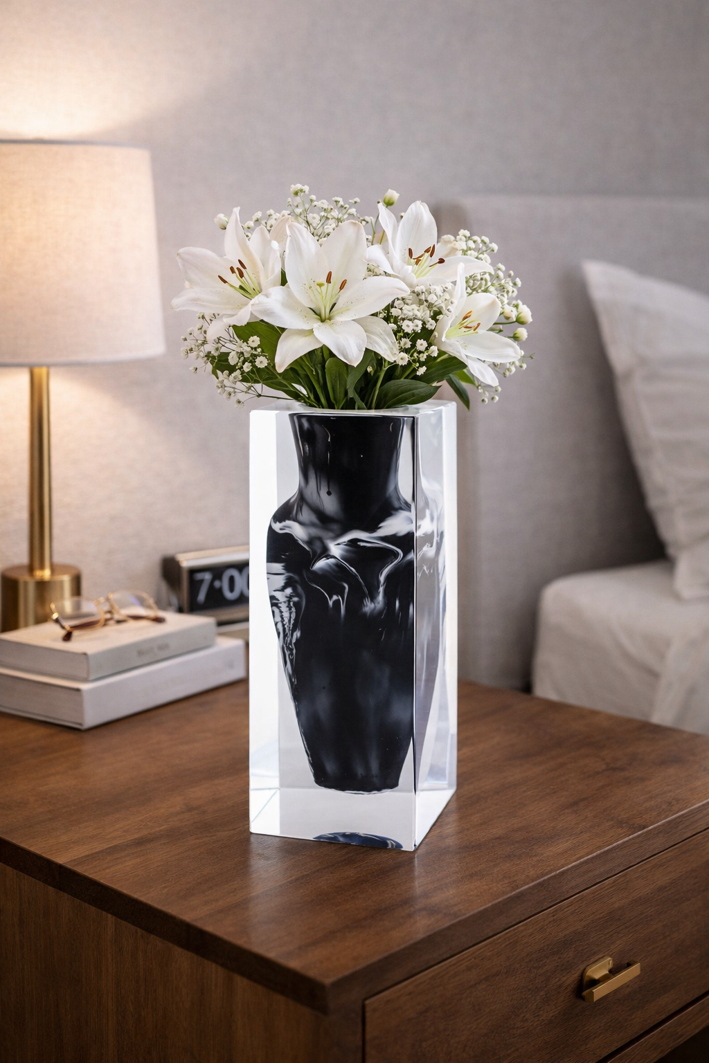 Wide-Chest Acrylic Vase – Black Mottle by LAZADO-Decor - Main View