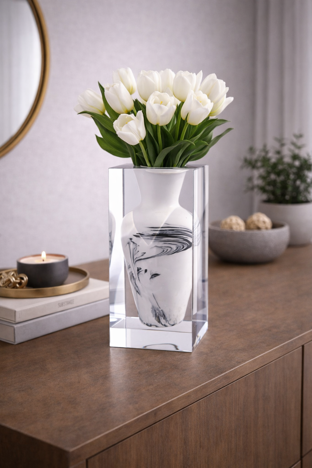 Wide-Chest Acrylic Vase – White Mottle by LAZADO-Decor - Main View