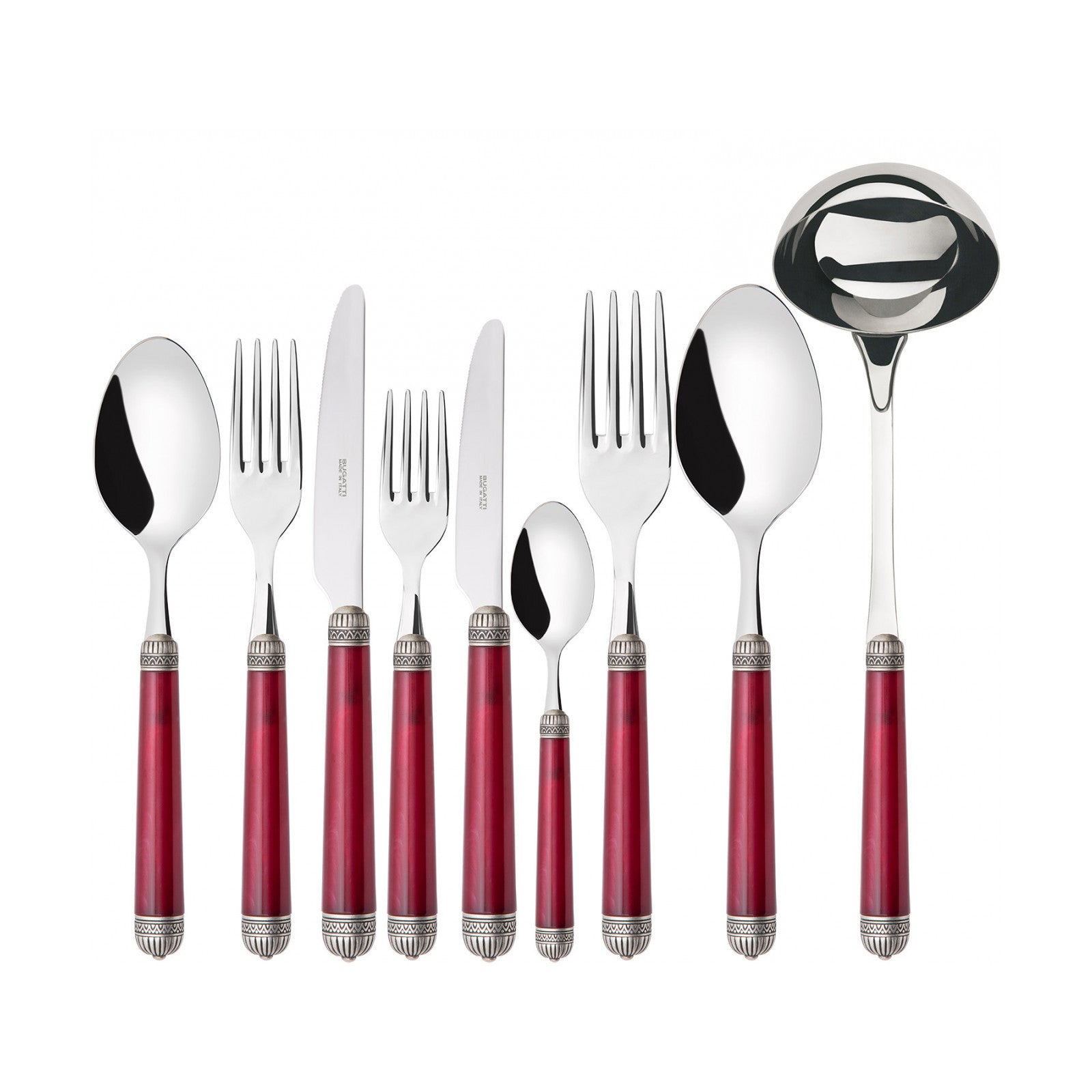 طقم دوريكو بحلقة مطلية بالفضة العتيقة – 75 قطعة – لون أحمر رخامي (برغندي) – صندوق خشب وينجي