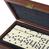 DOMINO SET in Brown Leather Ostrich tote wooden case by Manopoulos - Close-up
