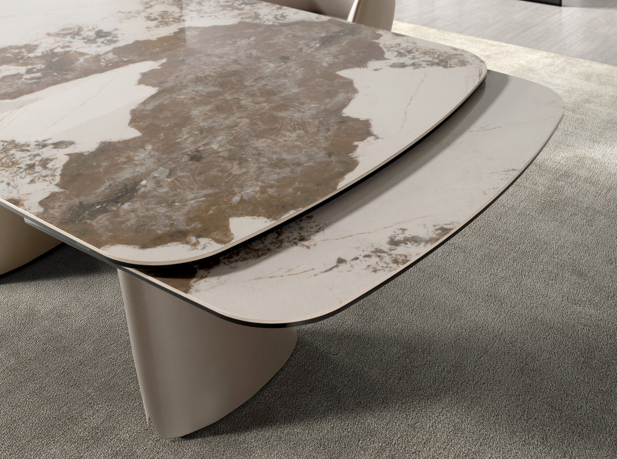 Extendable barrel-shaped oval dining table in porcelain marble and metallic taupe steel