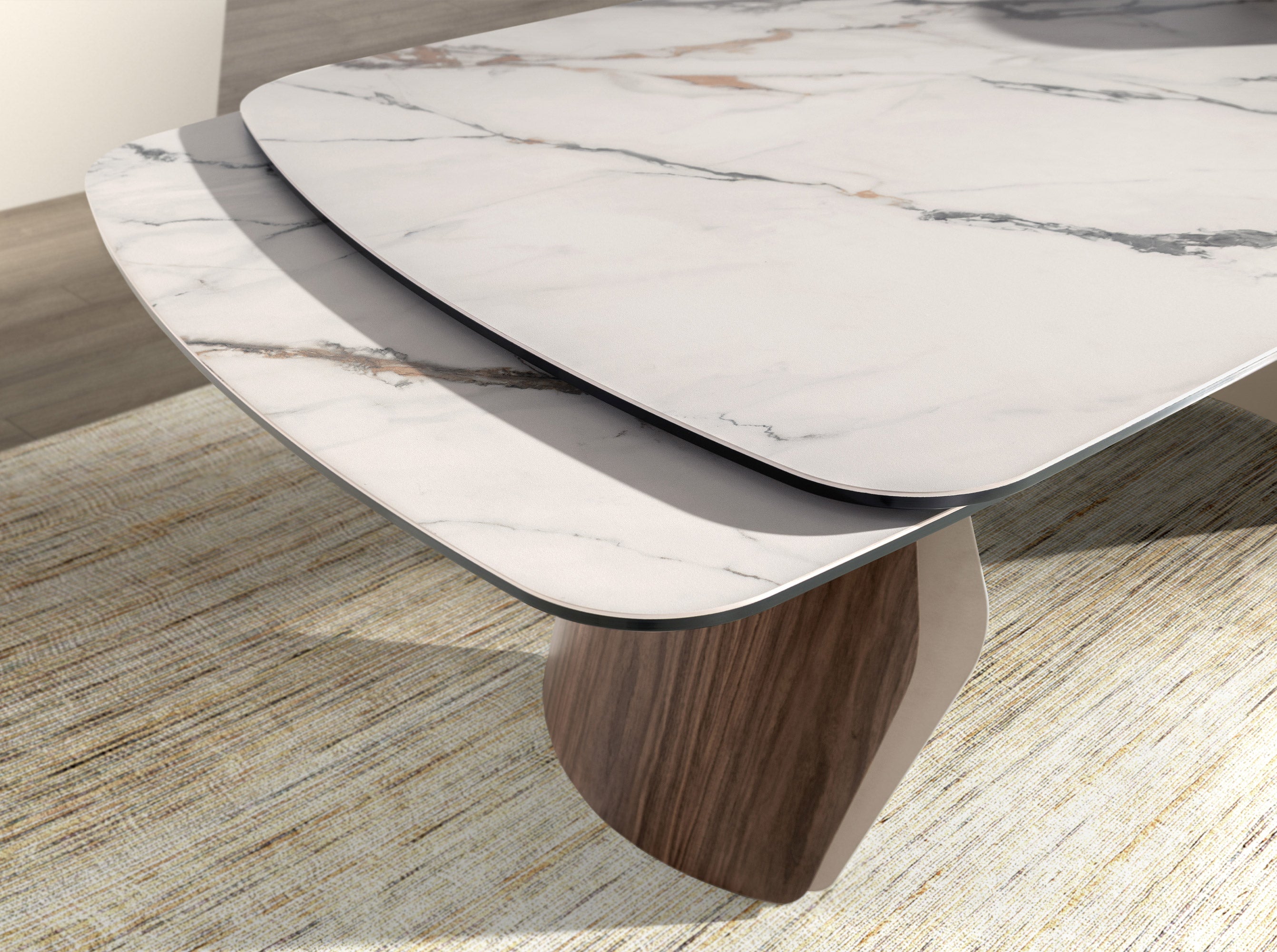 Oval barrel-shaped extendable dining table with porcelain marble top, metallic sand-coloured steel and walnut wood