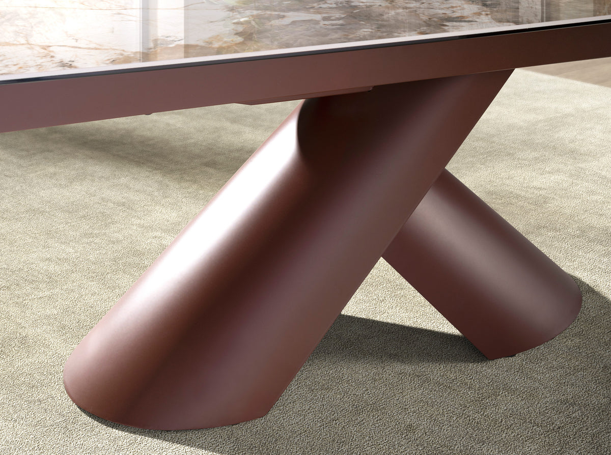Extendable barrel oval dining table in porcelain marble and copper-brown steel