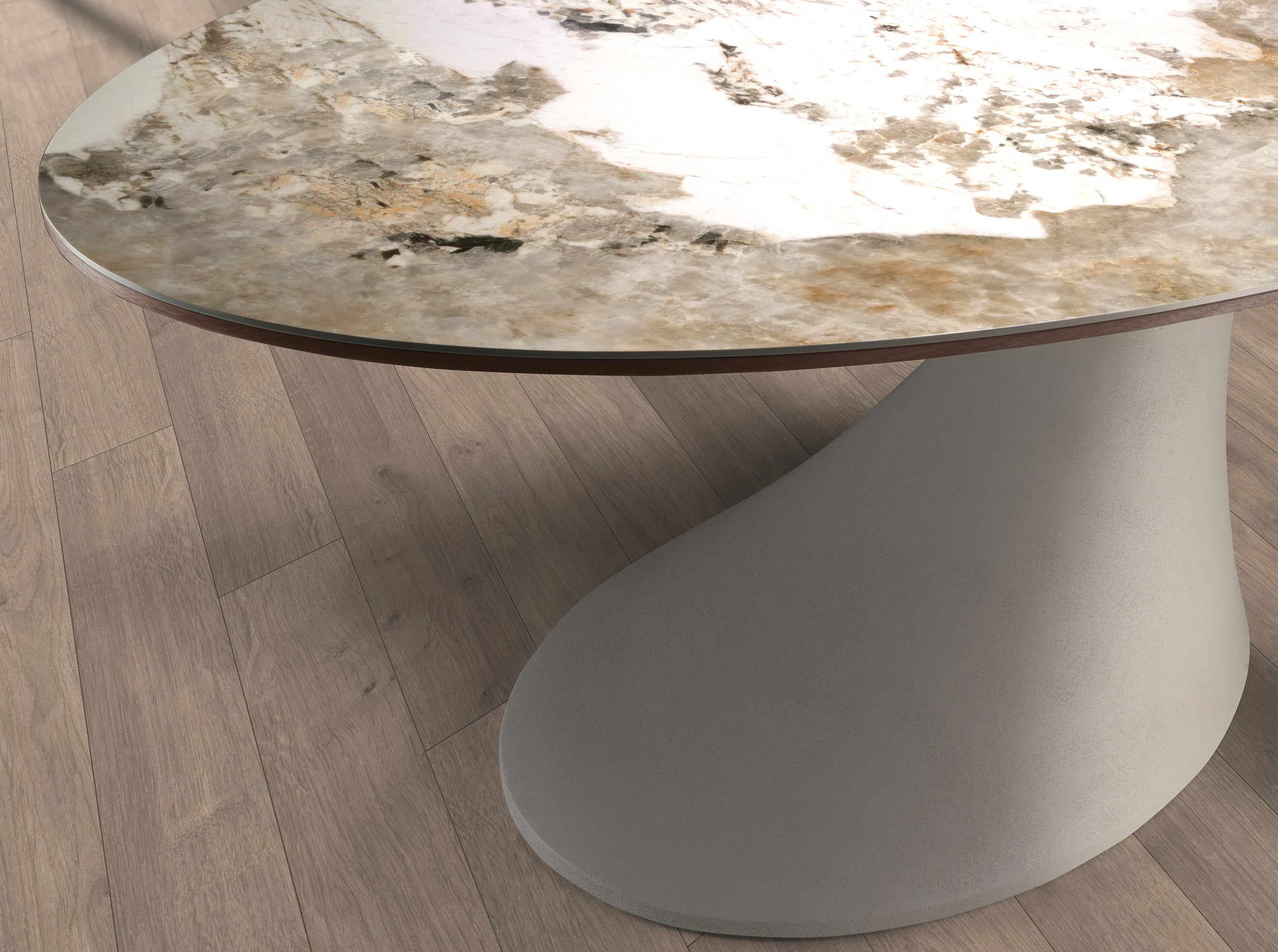Oval dining table in porcelain marble and sand-coloured epoxy fiberglass
