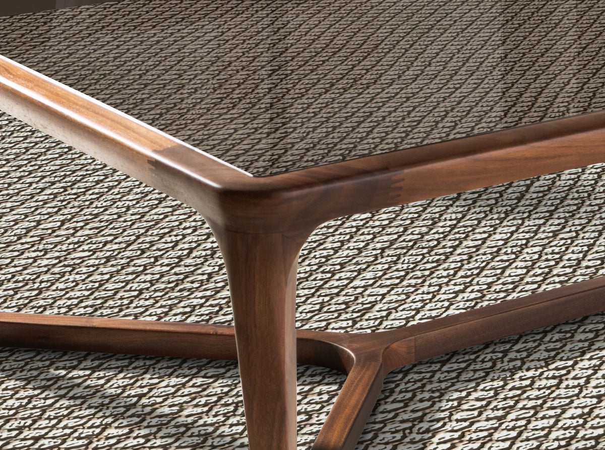 Rectangular coffee table in smoked brown glass and walnut
