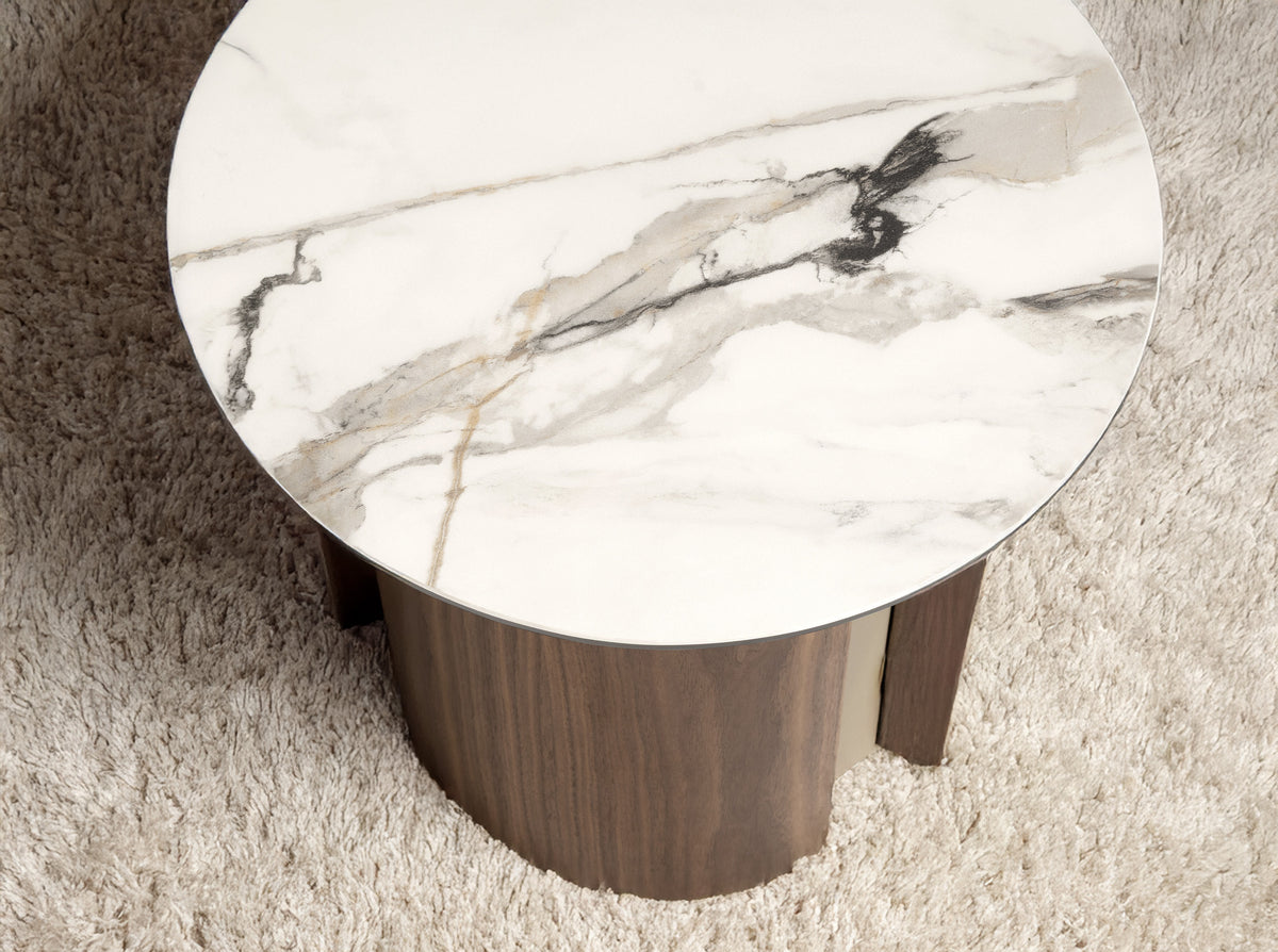 Round corner table in porcelain marble, metallic sand steel and walnut