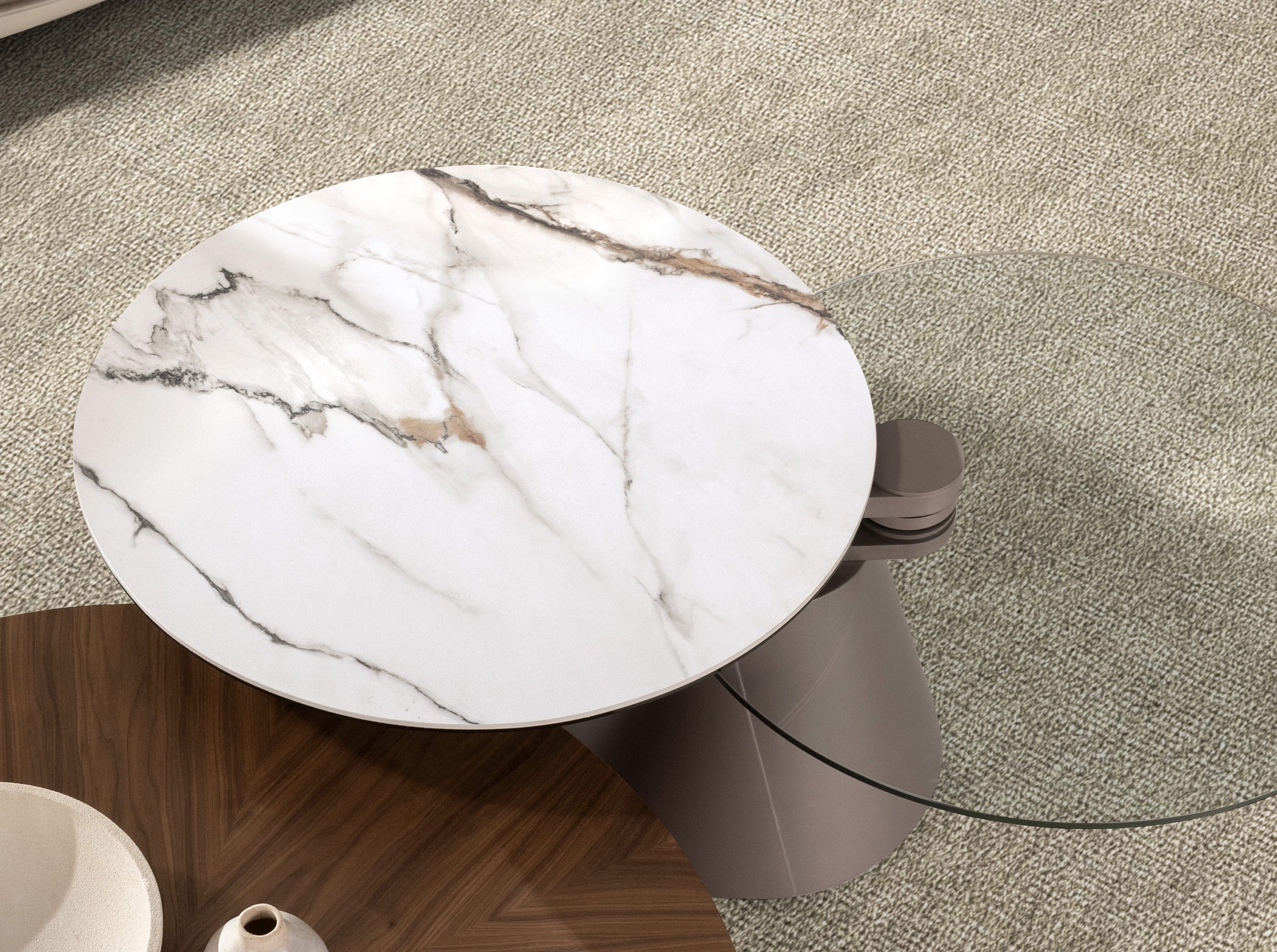 Extendable round coffee table in tempered glass, porcelain marble and silver-grey steel