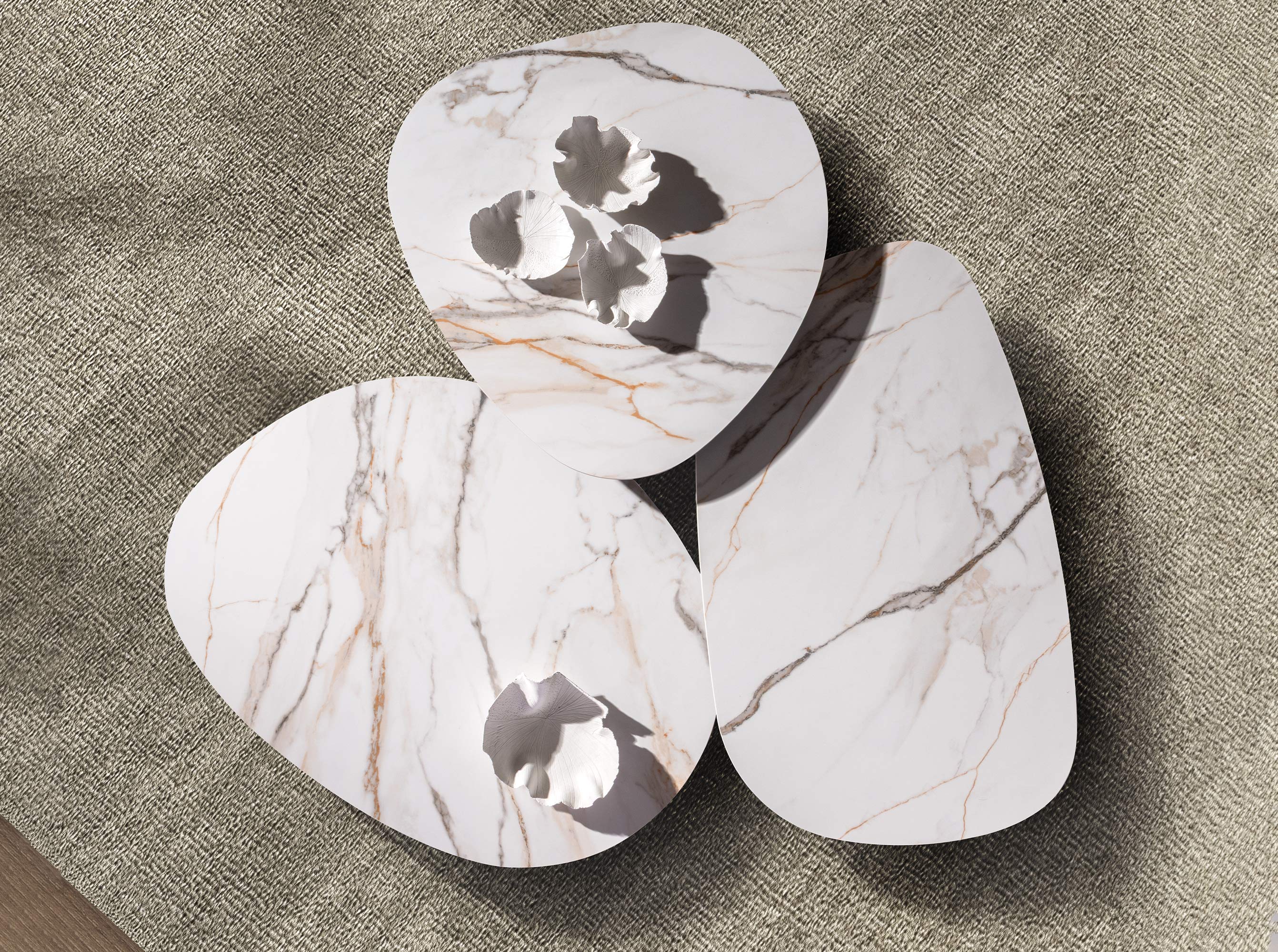Organic-Shaped Porcelain Marble and Walnut Coffee Table