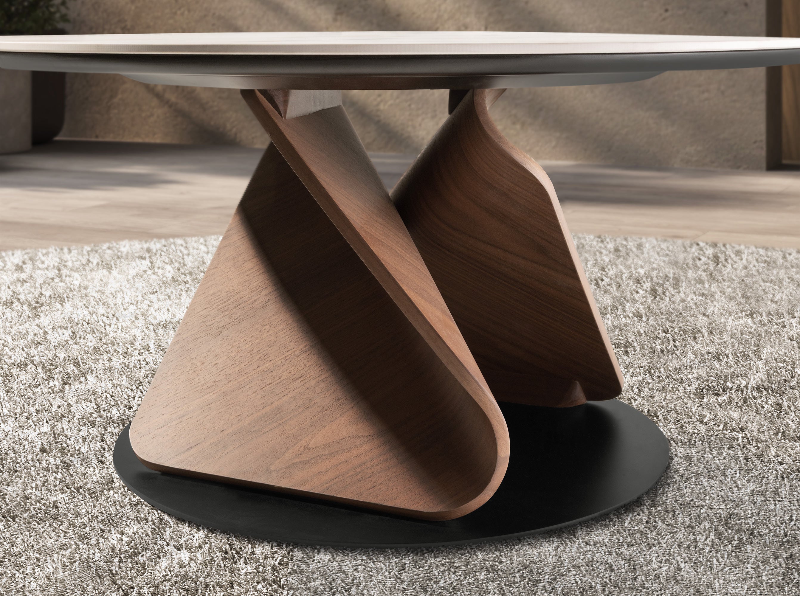 Round Porcelain Marble, Walnut and Black Steel Coffee Table