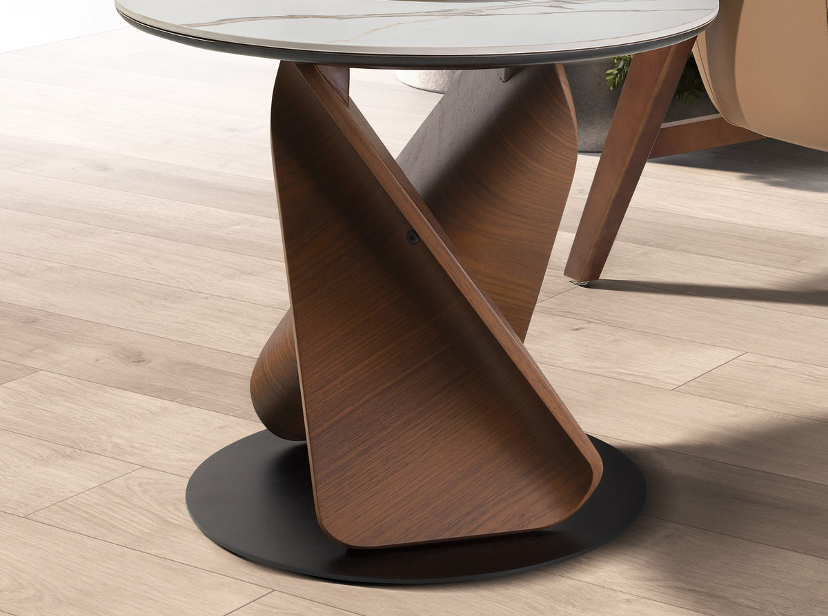 Round Porcelain Marble, Walnut and Black Steel Side Table
