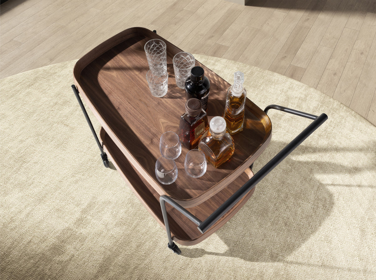 Walnut minibar trolley with black steel