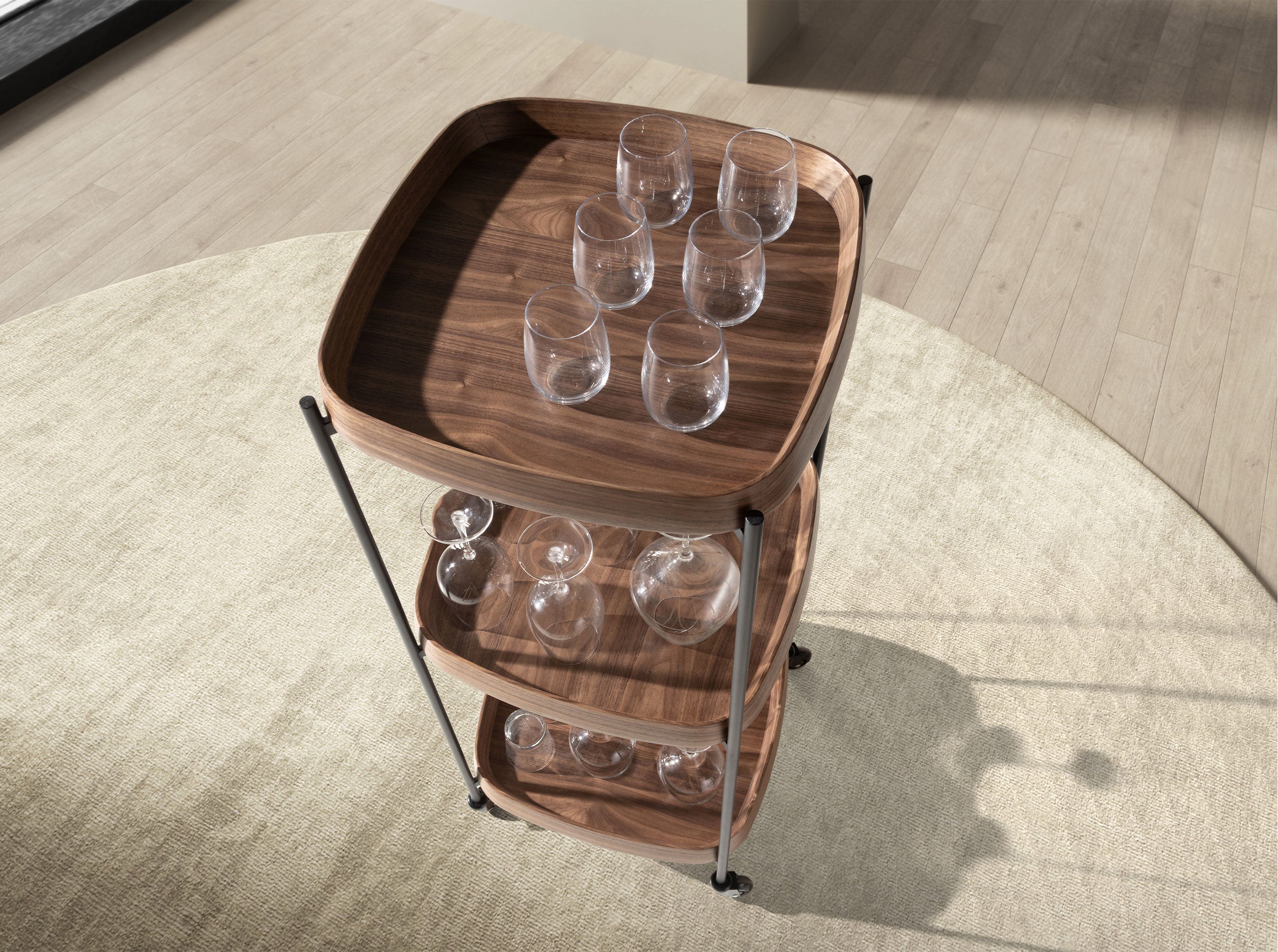 Walnut minibar trolley with black steel