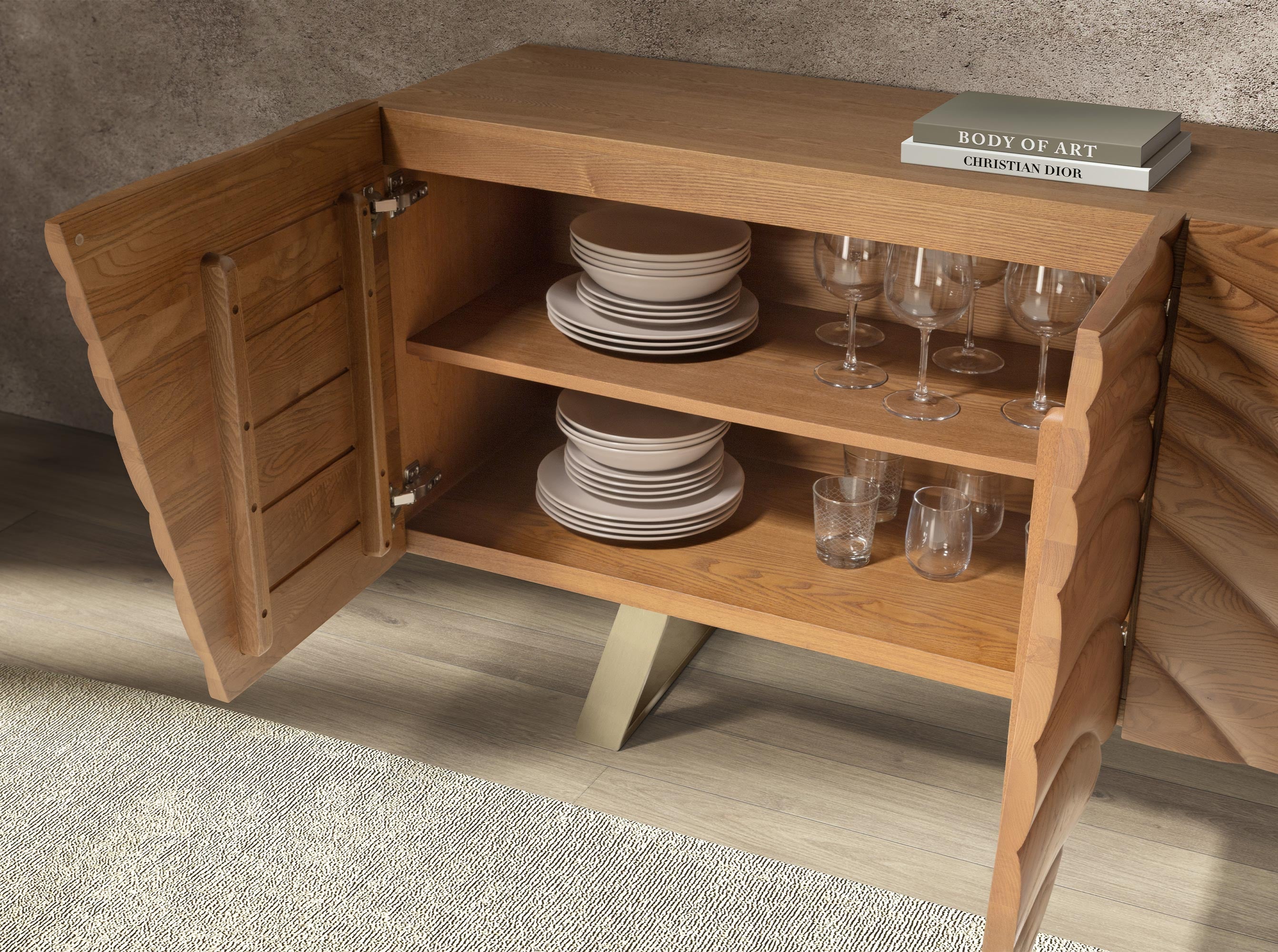 Sideboard in light walnut and polished gold-coloured steel