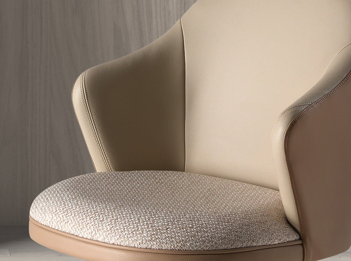 Swivel stool in cream marbled fabric and brown leatherette