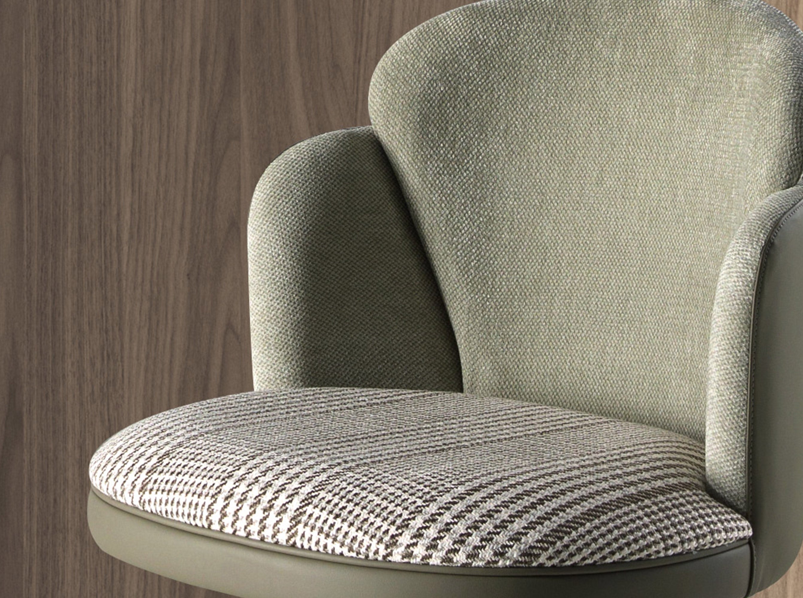 Swivel stool in dark green and white fabric and olive green leatherette