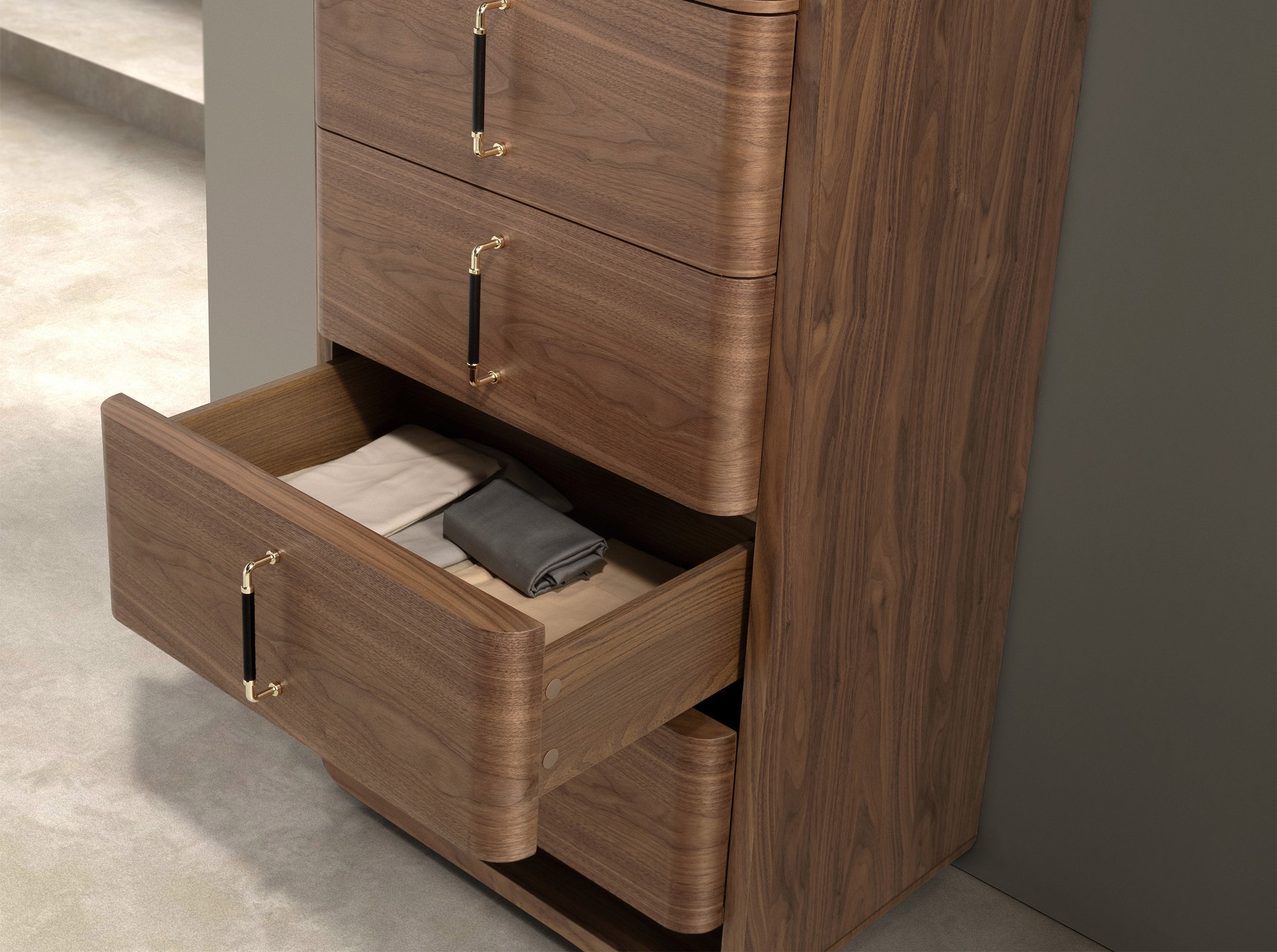 Walnut and black PVC chest of drawers