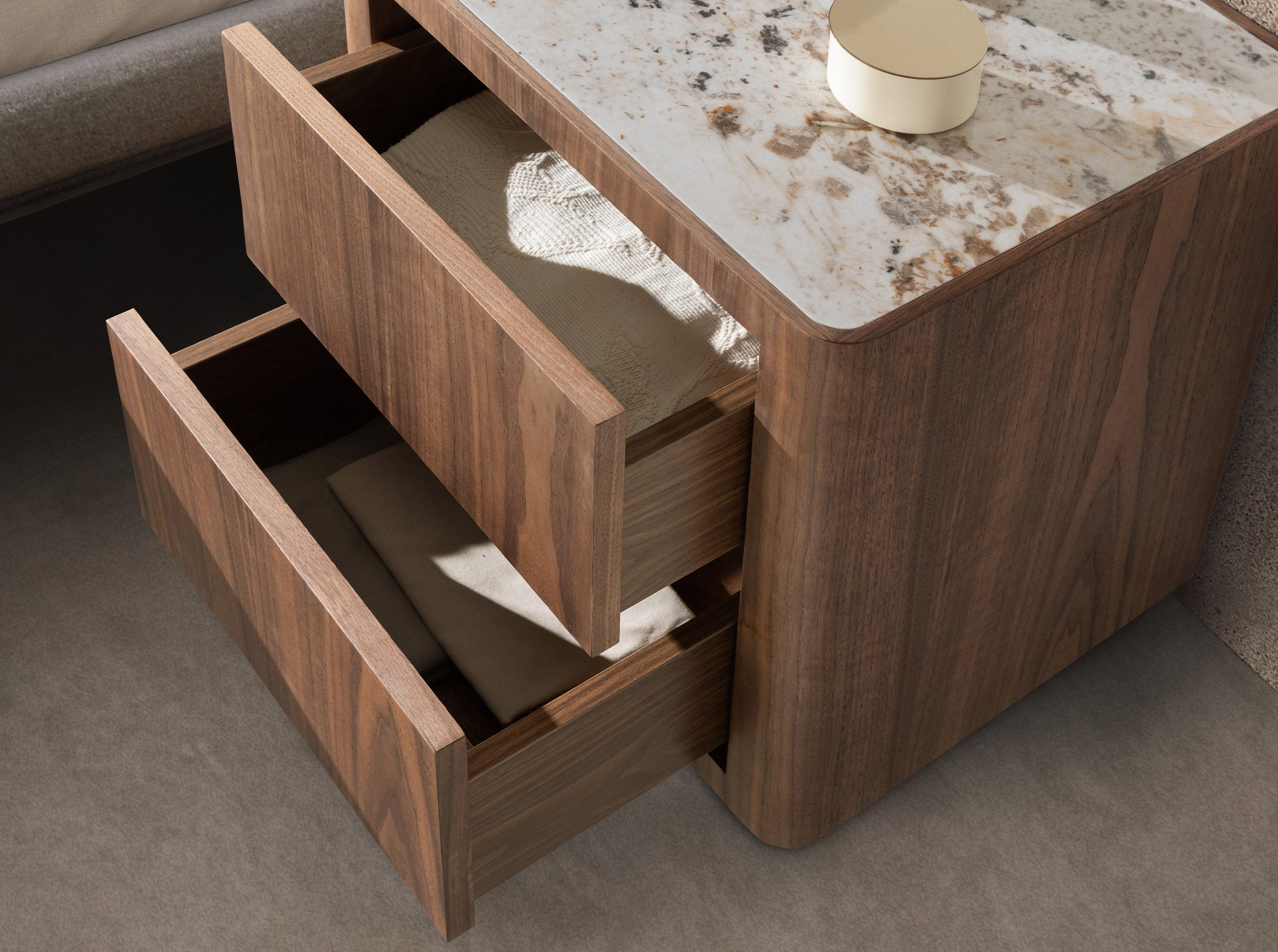 Bedside table in walnut, polished gold steel and porcelain marble top
