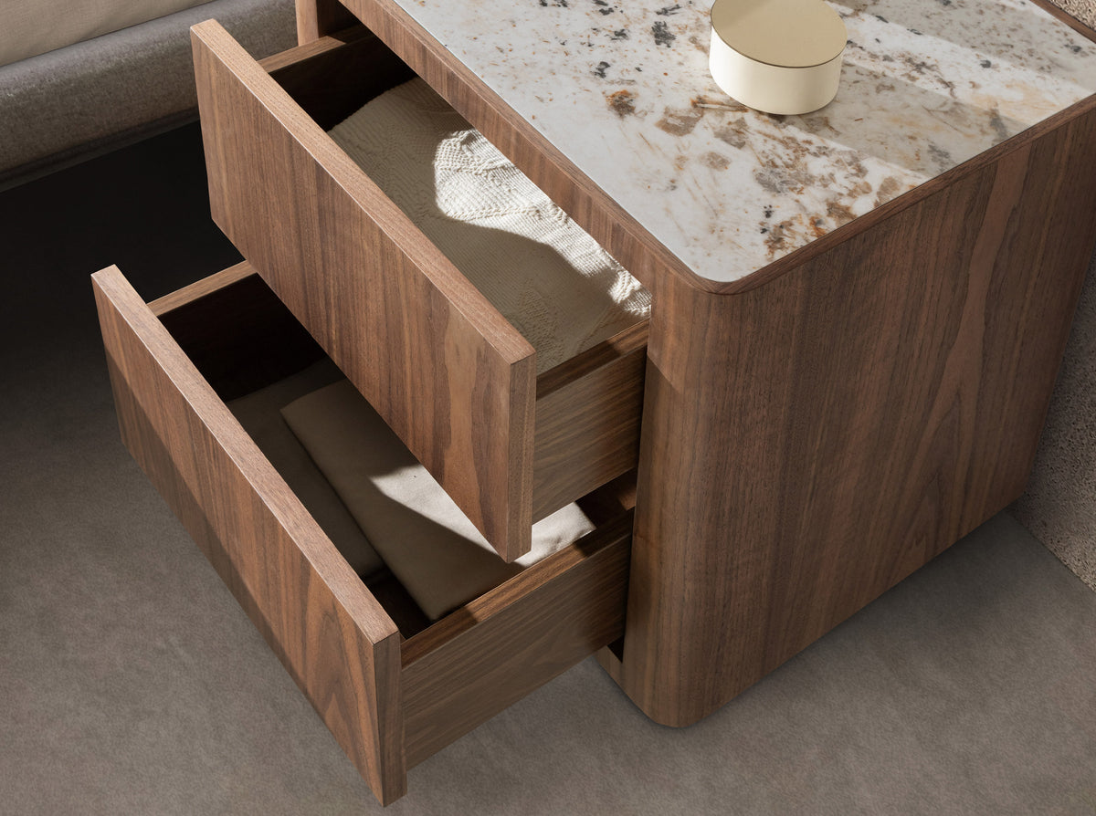 Bedside table in walnut, polished gold steel and porcelain marble top