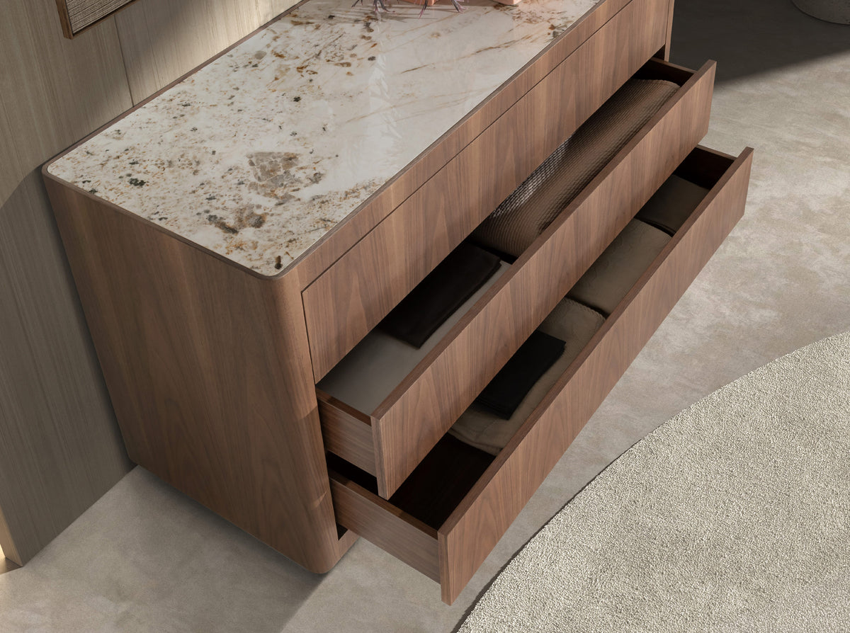 Chest of drawers in walnut, polished gold steel and porcelain marble top