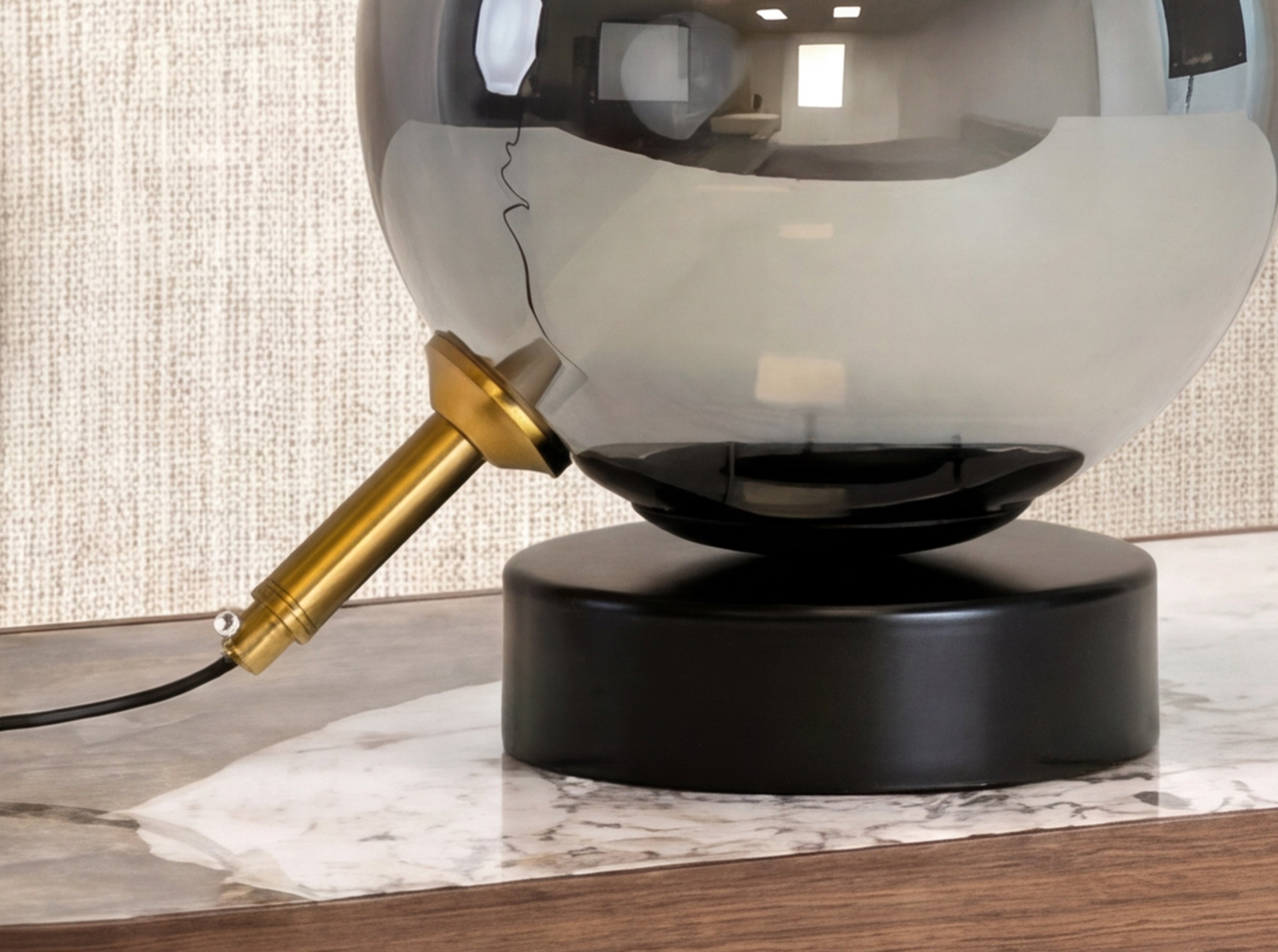 Grey smoked mirror-effect glass and black steel table lamp