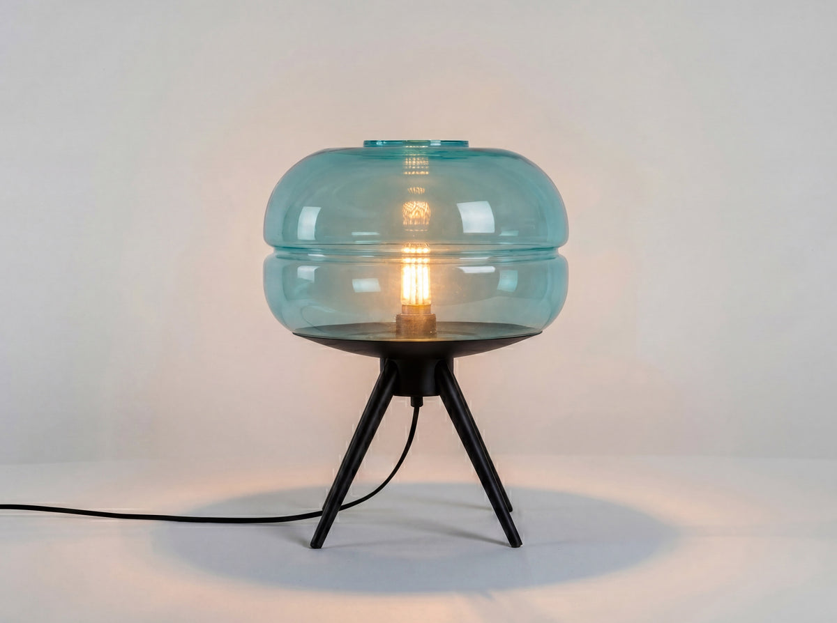 Blue glass and black steel table lamp